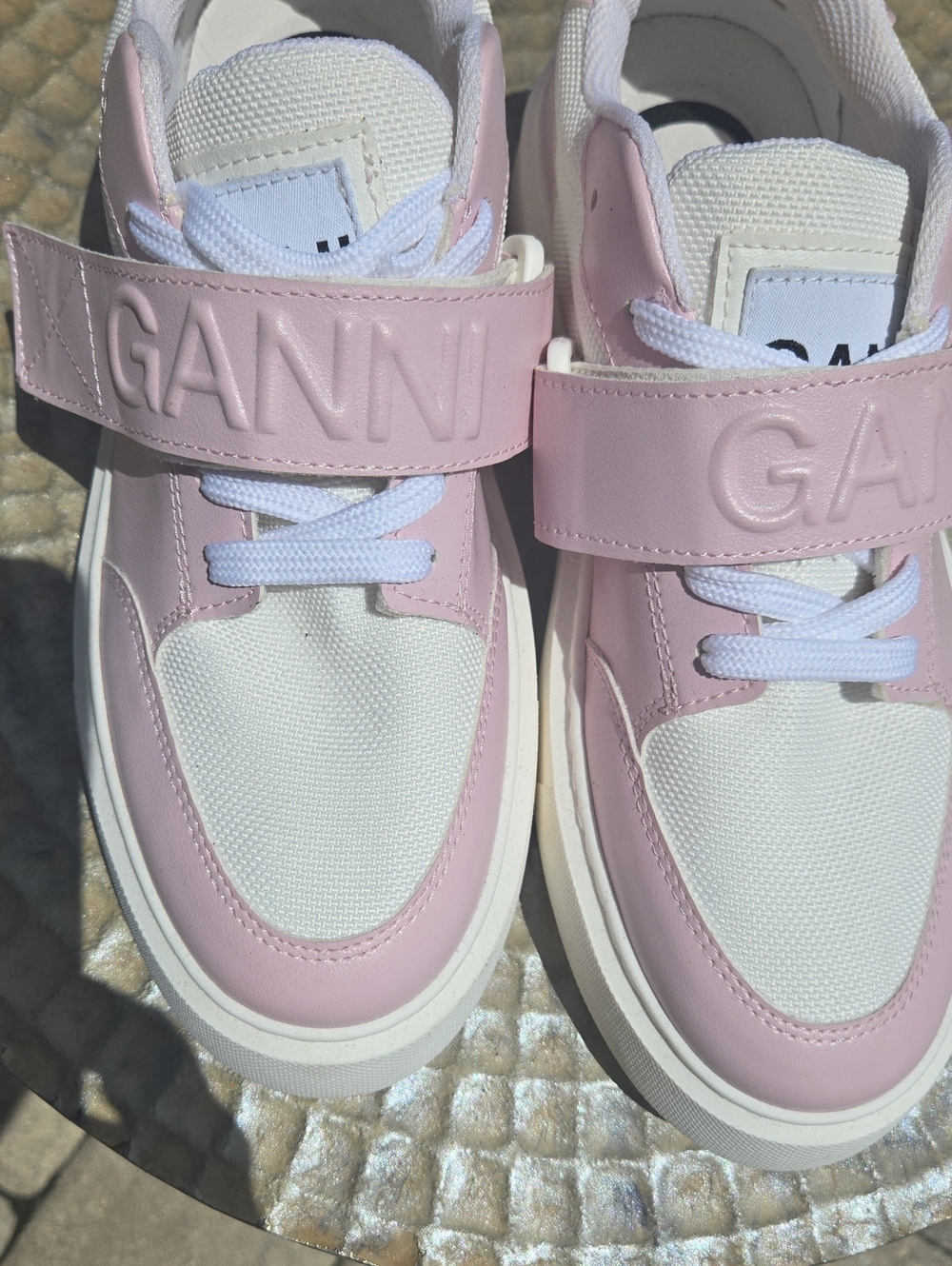 Ganni Pink and White Leather-Trim Strap Sneakers